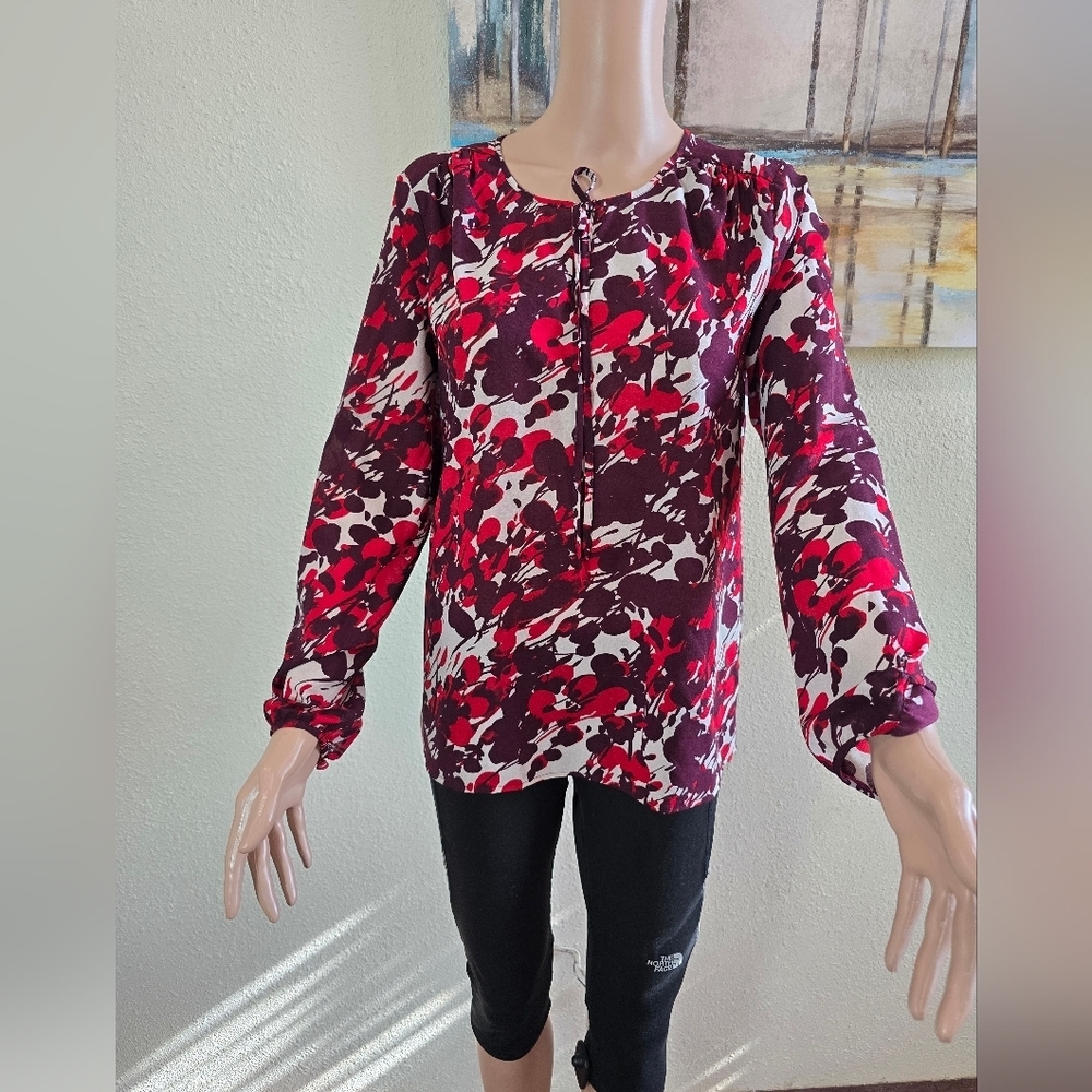 J. Crew Red Poppy Floral Print Long Sleeve Blouse Small